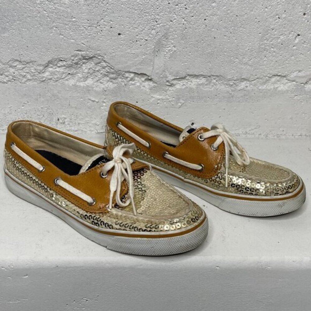SPERRY TOP SIDER Fisherman 7.5 Round Toe Lace-up Sparkle Gold Sequin Boat Shoes